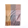 Soft plaid cashmere-feel scarf in ginger, pink, and grey with fine fringe details - Ginger Yellow