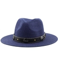Primer plano detallado de un sombrero fedora de paja azul marino con hebilla vintage - M (56-58cm) / Azul marino