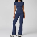 Navy blue two-piece yoga set featuring slim fit round neck top and flared fitness pants - S / Short Sleeve + Flare Pants / Navy Blue