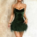 Dark green strapless velvet mini dress with luxury feather trim hem for cocktail party - XS / Dark Green