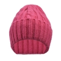 Close-up detail of a vibrant pink cable knit beanie hat showing soft wool texture - Adult Cable Knit Hat / Rose Red