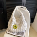 White quilted cloud tote bag with green flower charm and stylish puffy bubble texture - White With Pendant