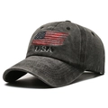 Vintage washed dark grey cotton baseball cap with USA American flag embroidery - Adjustable / Black