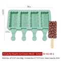 Hellgrüne 4-Fach Herz-Silikonform für Eis am Stiel, 18x12,9x2,3cm mit 45ml Füllmenge - 4-Kammer Herz Stil / Ohne Deckel / Grün