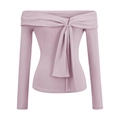 Off-shoulder long sleeve lavender top with ribbed texture and front bow tie detail - S / Lilac Purple