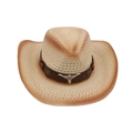 Western straw cowboy hat in light brown with a metallic bull skull leather hat band - Creamy White 1 (Brown Bull)