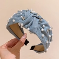Denim blue headband with knotted design featuring faux pearls and sparkling rhinestones - Blue Grey