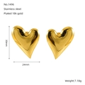 Pendientes de corazón 3D en acero inoxidable chapado en oro 18K, 30x24 mm - Dorado