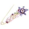 Elegant purple flower safety pin brooch with crystals and gold-plated finish - Lily - Purple