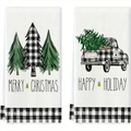Set of two white and black checkered Christmas dish towels with festive truck printing - Hand-Drawn Christmas Elements Set (MJBT66-28) / 2 Pieces/Pack (40*60cm) / White