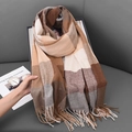 Classic British plaid faux cashmere scarf in brown and beige with tassel details - Dark Camel