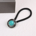Western cowboy style hair tie with turquoise stone and vintage silver floral engraving - Round-Green