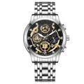 Men's silver steel watch featuring a black and gold skeleton dial with diamond markers - Silver