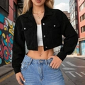 Women's black corduroy short jacket with metal buttons and streetwear cargo design style - S / Black