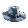 Cappello da cowboy in denim patchwork con fascia in pelle nera e stemma testa di toro - Taglia unica / Azzurro (M Denim Testa di Toro Bianca)
