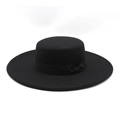 Vintage black flat top wool felt boater hat with elegant ribbon bow for men and women - M (56-58cm) / Black