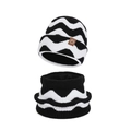Winter knitted beanie and neck warmer set with black and white wavy stripes and fleece lining - White