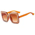 Square glitter amber sunglasses with rhinestone frame and brown gradient lenses - Dark Tea Frame Gradient Tea Lens