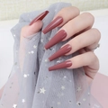 Glossy rose pink ballerina long press-on nails shown on hand with elegant tulle backdrop - Rose Bean Paste (CBLL-11)