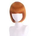 Detail view of a vibrant orange bob cut cosplay wig with bangs on a mannequin head - Orange
