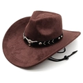 Brown suede cowboy hat featuring a black leather band with silver bull head ornament - M(56-58cm) / Chestnut