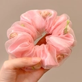 Pink organza scrunchie with 3D fabric rose floral accents and elegant lace detailing - Pink Flower Mesh Scrunchie