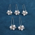 Macro shot of silver U-shaped hairpins with pearls and sparkling crystal flowers - Iridescent Rhinestone Floral Style (FZ-001) / 5 Pcs Set / Silver