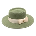 Detail of green straw boater hat with cream ribbon and golden bee brooch embellishment - M (56-58cm) / Army Green