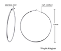 Detail of 70mm polished stainless steel hoop earrings showing size and weight specs - 70mm / Steel
