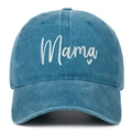 Close-up of white Mama embroidery and heart detail on blue washed cotton baseball cap - Lake Blue