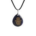Detail of blue teardrop natural stone pendant with golden Hamsa Hand on black cord - Lapis Lazuli/Wax Cord