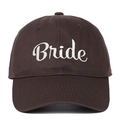 Close-up of white Bride embroidery on a brown cotton twill baseball cap with stitching - Bride (BRIDE) / Coffee