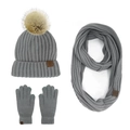 Winter-Strickset mit grauer Mütze, Bommel, Rundschal und Handschuhen aus dicker Wollmischung - Grau