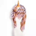 Pink and brown checkered plaid scarf with fringe edges and colorful pompom accents - Pastel Pink Plaid
