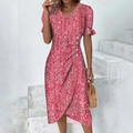 Pink floral V-neck midi dress with puff sleeves and button detail in summer style - S / Dresses / Rose Red
