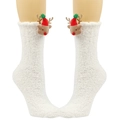 Detail von weißen Plüschsocken mit Rentier-Puppe und rotem Weihnachtshut-Dekor - Rentier mit rotem Hut / Weiß