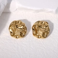 Golden irregular wrinkled stainless steel stud earrings with minimalist texture design - Gold
