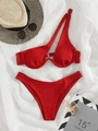 Sexy red one-shoulder ribbed bikini set with underwire and silver metal detail - XS / Red