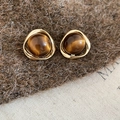 Detailed close-up of geometric 18k gold plated tiger eye stone earrings on soft fabric - 35# Silver Earring Post - Gold Coffee Triangle