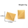 Golden rectangular steel earrings with textured diagonal ripples and size measurements - Irregular Rectangular Style (YE-064) / Gold