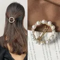 Elegant gold finish round hair clip with pearls and rhinestones for women hair styling - Hollow Circle Spring Clip
