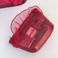Neceser de malla color vino tinto con volantes y bordado de corazón dulce - Bolsa de Malla con Volantes Roja (Pequeña)