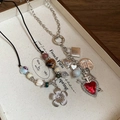 Bohemian shell beaded necklace with silver flower and red heart arrow pendant charms - 46# Necklace - Silver (2 Pieces Set)