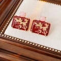 Detail of vintage red enamel earrings with golden floral branch and pink bead decoration - Silver Earring Post - Red