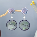 New Chinese style long tassel earrings with purple rose, white pearl and crane motif - Blue Purple Rose Pearl Crane Earrings(E2908-6)