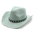 Light mint green straw cowboy hat with black studded band and UV protection for summer beach - M (56-58cm) / Mint Green