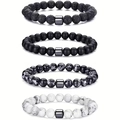 8mm natural volcanic rock and matte agate elastic bead bracelet set for men - 8mm 4pcs Set (Lava & Onyx & Map Stone & White Turquoise)