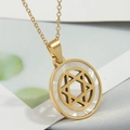 Close-up of golden star of David pendant with shimmering white mother of pearl inlay - Gold Star of David Mother of Pearl