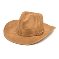 Classic straw western cowboy hat with brown leather band and gold buckle on white background - M (56-58cm) / Khaki
