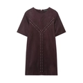 Deep burgundy faux suede mini dress with silver studs and chic round neckline - XS / Wine Red